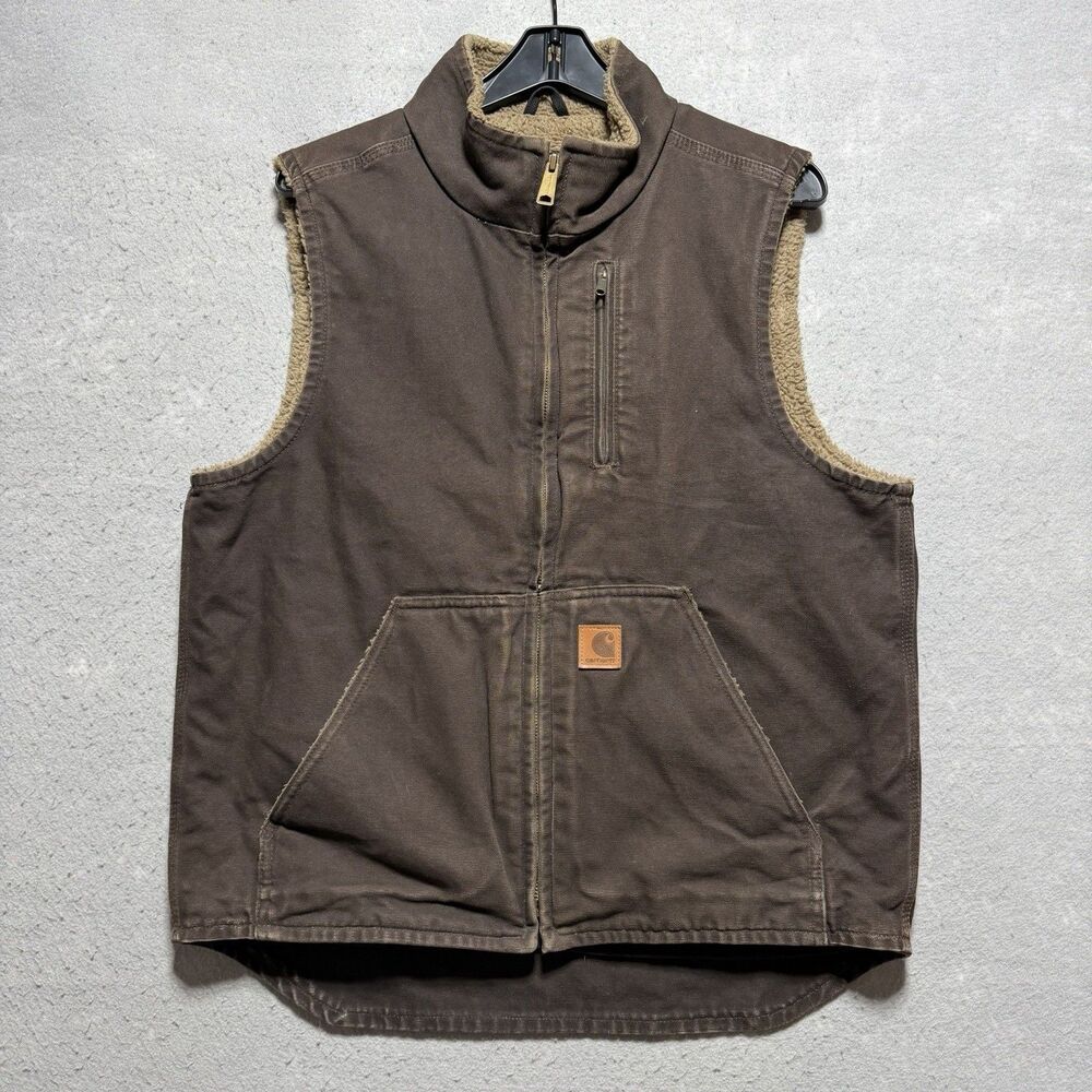Carhartt V33 DKB Vest Men’s Medium Dark Brown Sherpa Lined Sandstone Duck Canvas
